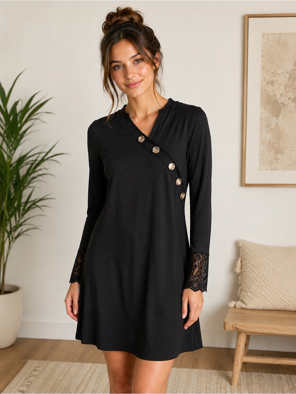 Women’s Black Long Sleeve Dress Lace Cuffs Decorative Button Detail Size Large